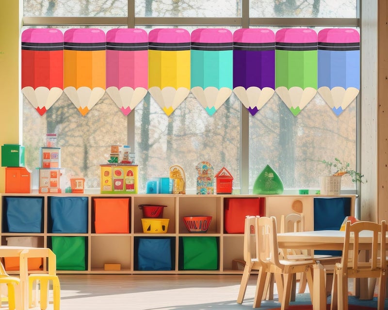Cosblank Rainbow Pencil Curtains for School Classroom - 8 Pcs Back to School Supplies for First Day Decor - Colorful Bedroom Decorations (24 x 12 Inches, 8 Colors) - Image 1